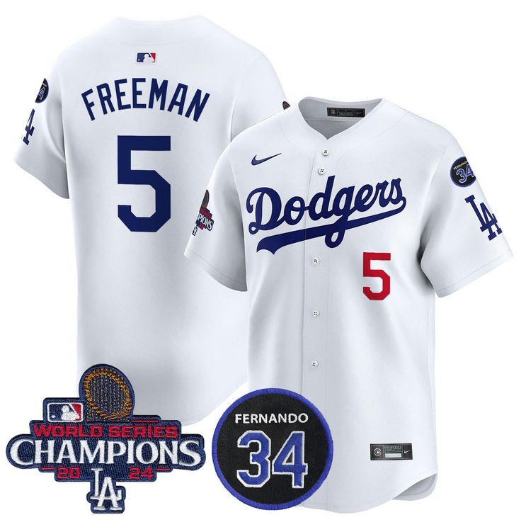 Men MLB Los Angeles Dodgers #5 Freeman white 2024 World Series Champions Patch Limited Jersey->los angeles dodgers->MLB Jersey